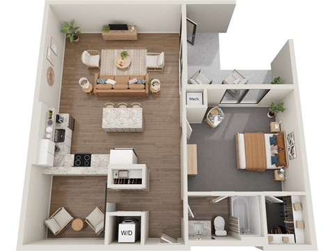 a stylized floor plan with a bedroom and a living room